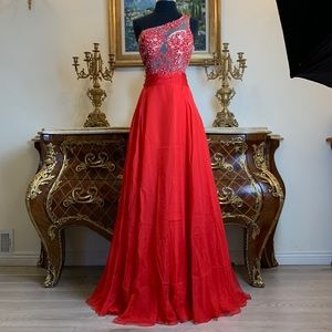 Meier Collection one shoulder embroidery beaded evening prom dress